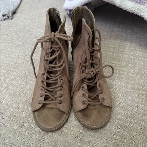 Neutral Suede Lace-Up Peep Toe Booties | Block Heel | Size 8